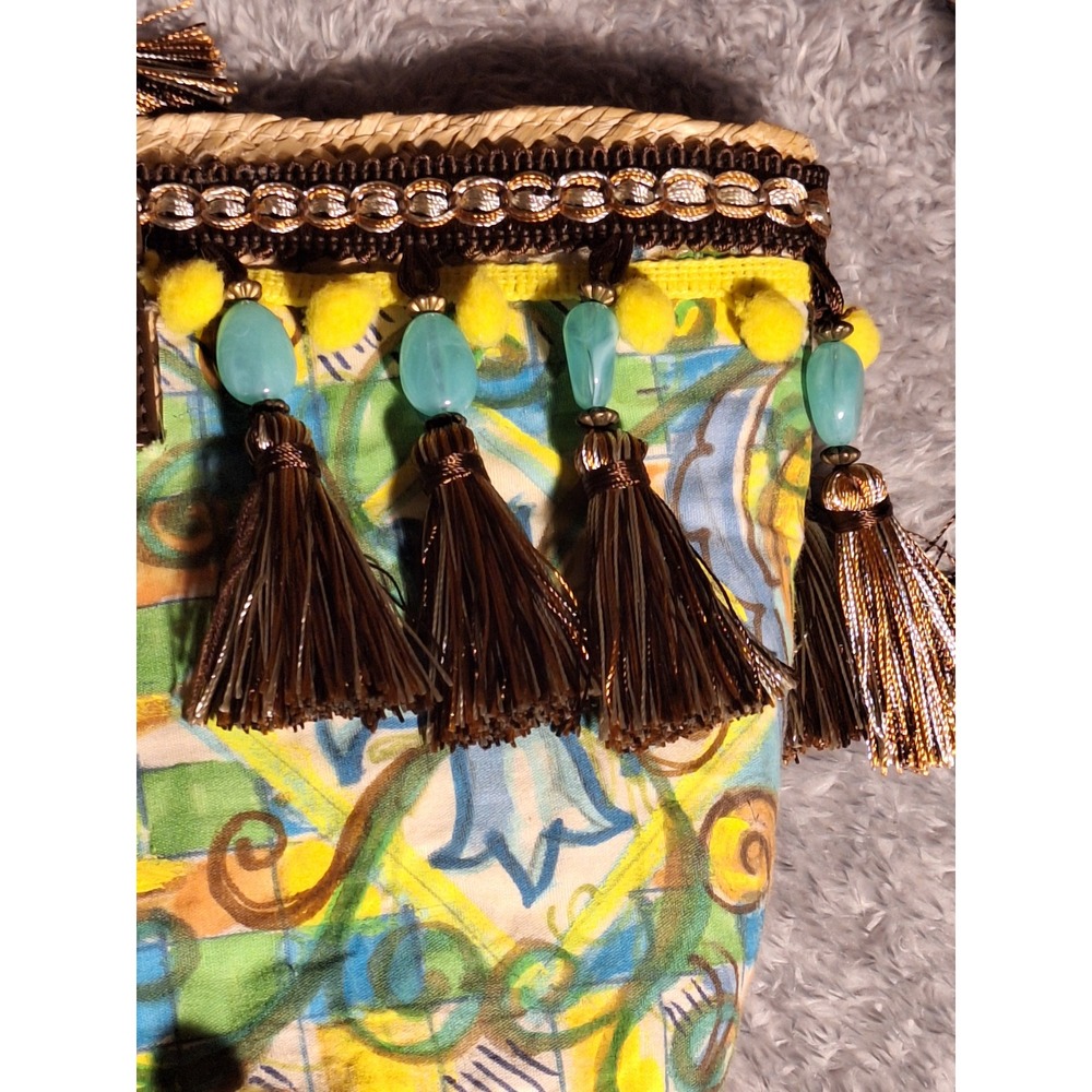 Sicilian Coffa Straw Tote Bag Sun Face Tassels PomPom Beach Vacation Handmade - Picture 4 of 11